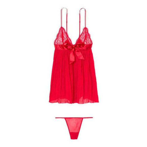 NWT Victoria's Secret XS,L,XL BABYDOLL SET thong RED PLEATED SATIN BOW Valentine - Picture 4 of 8